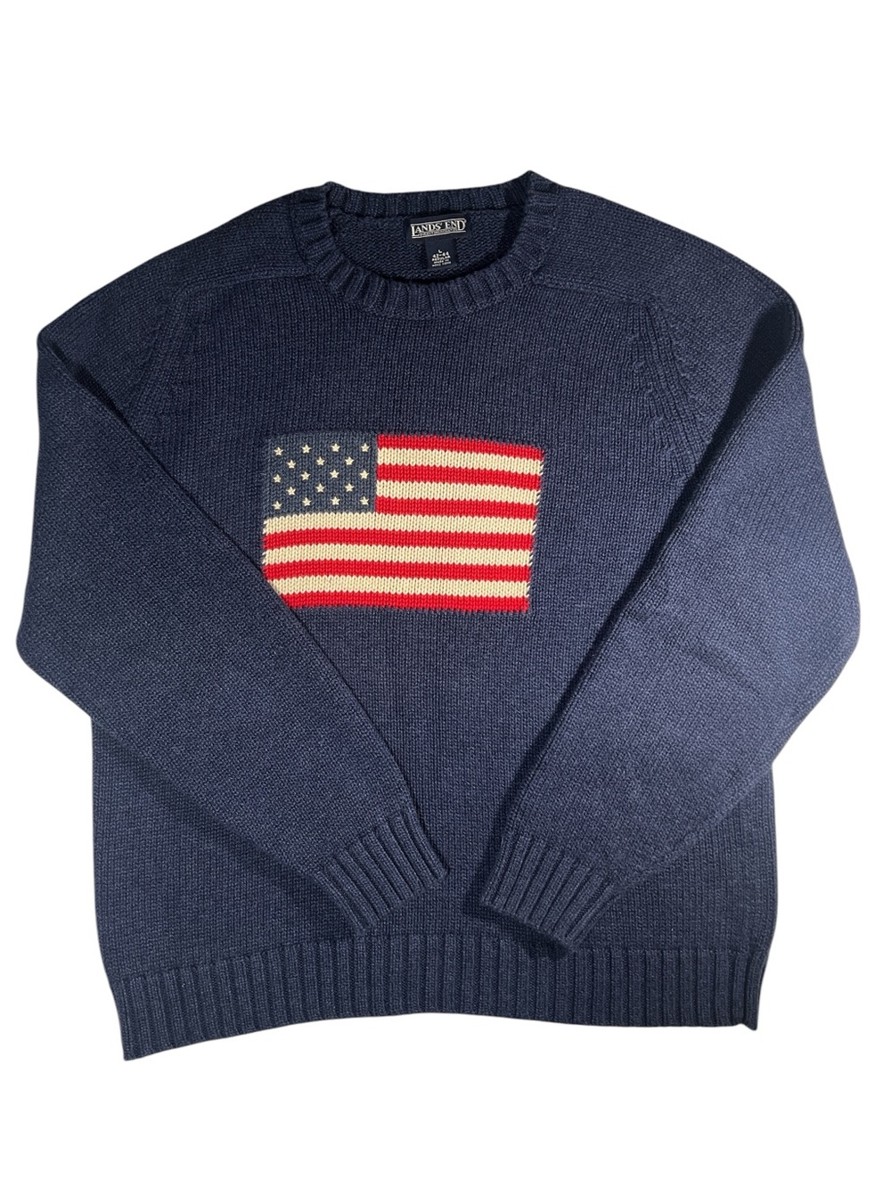 Lands' End Midnight Sky Heather Crewneck with Flag Intarsia